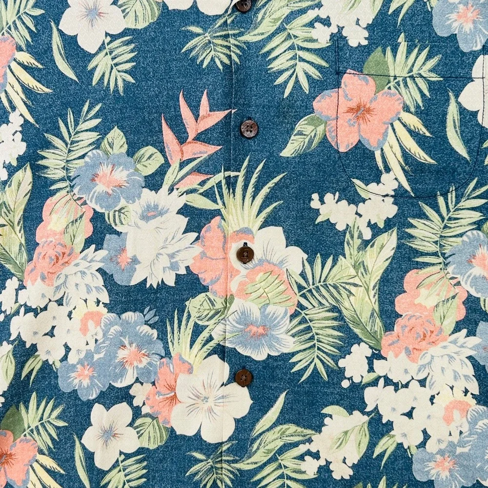 Tommy Bahama Silk Camp Shirt Mens XXL Blue Tropical Floral Hawaiian Resort Aloha
